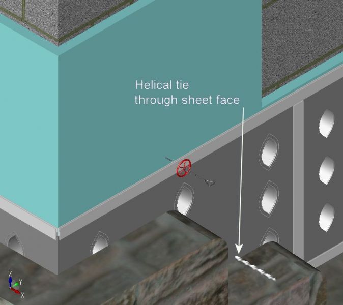 Insulation held firmly in place by the SureCav panel. Helical ties can be used for random stonework, as shown in the illustration.